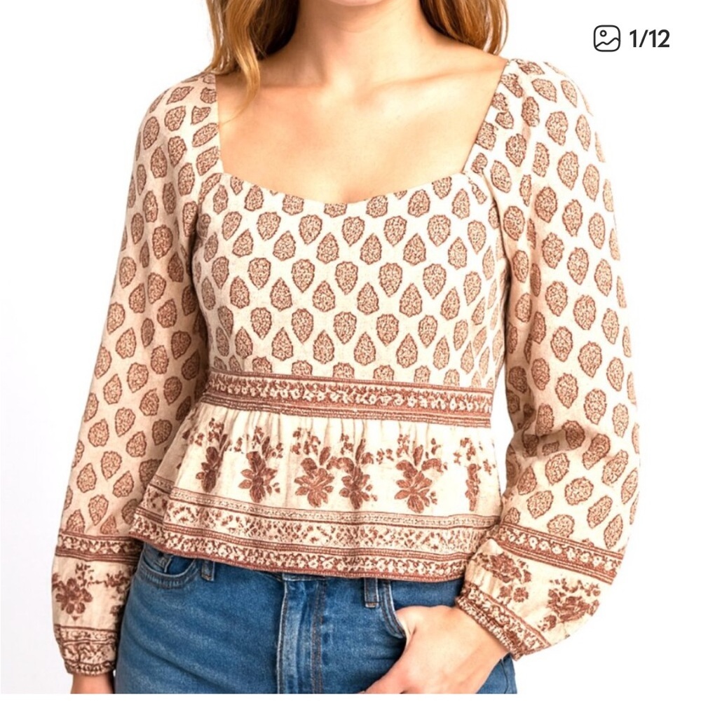 Bohemian Patterned Women's Blouse, flowy sleeves, cropped, whimsical.